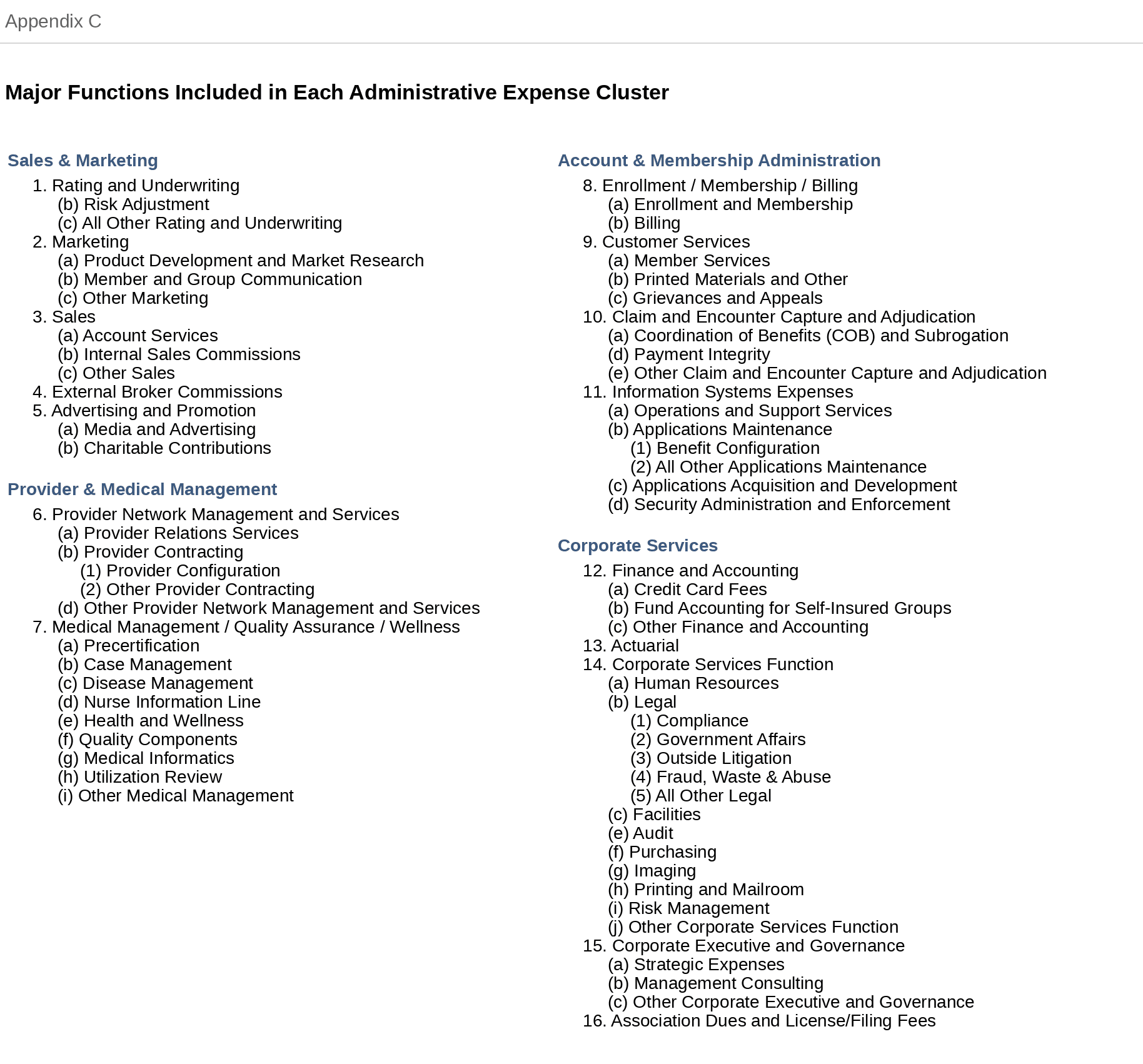 Appendix C: Major Functions Included in Each Administrative Expense Cluster