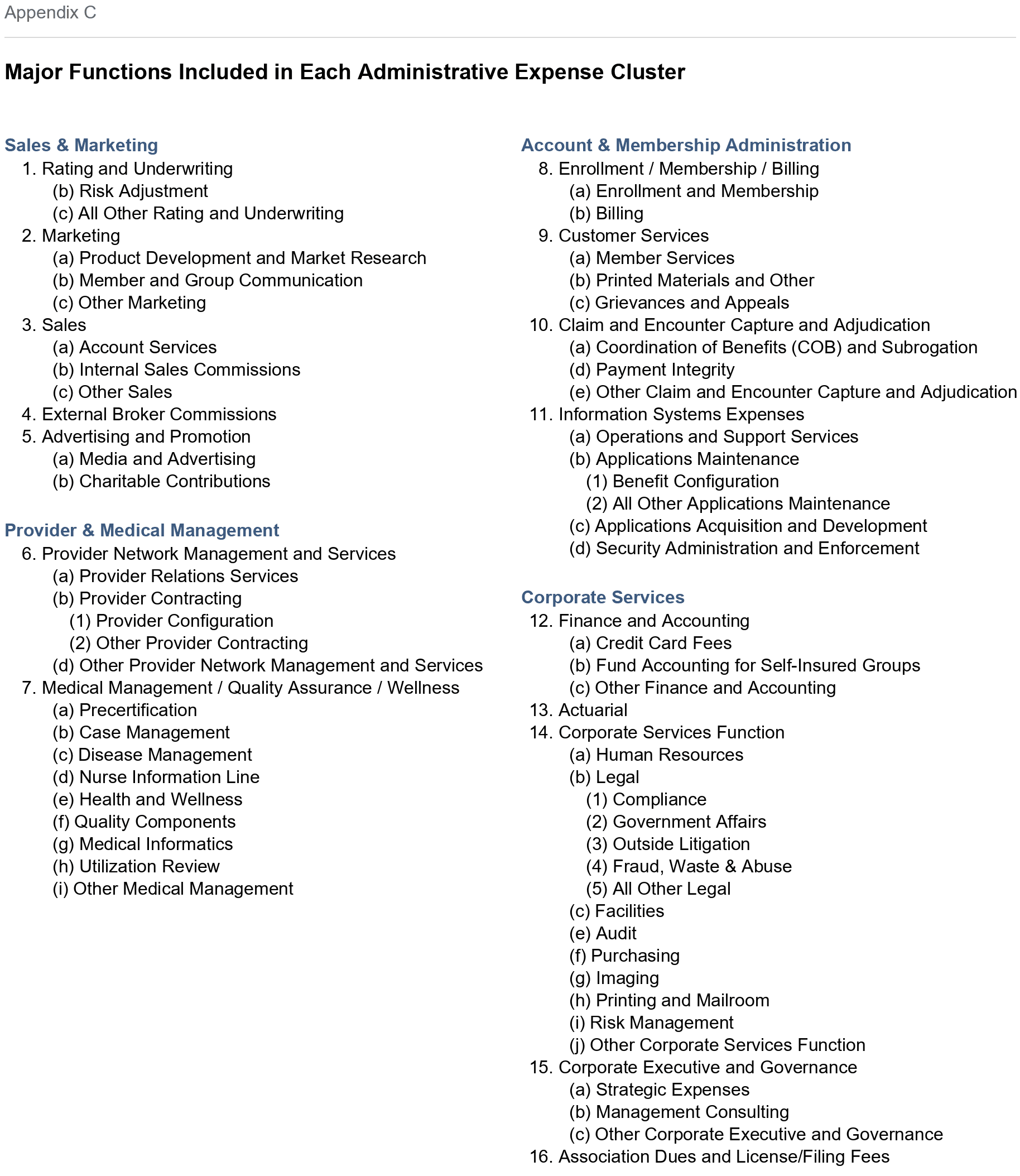 Appendix C: Major Functions Included in Each Administrative Expense Cluster